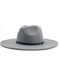 Classic wide brim grey wool felt fedora hat with black leather band and gold buckle details - M (56-58cm) / Light Gray