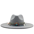 Gray wool wide brim fedora hat featuring boho turquoise stone and ethnic bead ribbon decor - M (56-58cm) / Light Gray