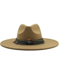 Khaki wool fedora with bohemian ethnic band featuring turquoise and blue tassels - M (56-58cm) / Light Khaki