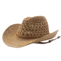 Men's straw cowboy hat in light beige with hollow breathable weave and adjustable cord - 58cm / Khaki