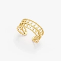 Anello aperto in acciaio inossidabile placcato oro con motivo a foglia e perline - Aperto Regolabile / Foglia cava dorata (SR21062804G)