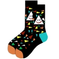 Black cotton socks with colorful triangle patterns and orange heel and toe accents - Triangle Smiley Face