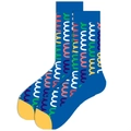 Blue crew socks featuring colorful hand-drawn wave patterns and yellow toe caps - Blue Wave Line