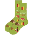 Men's green cotton socks featuring picnic and BBQ pattern and graphic text - Green BBQ