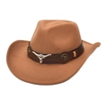 Detail of western wool fedora featuring leather band and silver bull head ornament - M (56-58cm) / Khaki