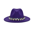 Close-up of purple fedora hat featuring a bohemian shell decorative band and wide brim - M (56-58cm) / Purple