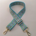 Detail of adjustable blue floral wide shoulder strap with golden metal lobster clasps - Blue Daisy (Gold Buckle)