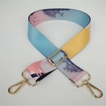 Close-up of multicolor watercolor weave shoulder strap with gold metallic swivel hooks - No. 1 Ice Cream / Silver Clasp