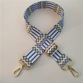 Adjustable wide shoulder strap with blue yellow geometric bohemian weaving and gold hardware - Style 19 / Silver Clasp