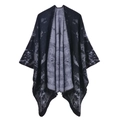 Women's jacquard knit poncho cape in black and grey ink-style patterned finish - 135x155cm / Thriving Plants Black