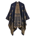 Women's reversible jacquard knit shawl cape in dark blue and golden brown animal print - 135x155cm / Thriving Plants Navy