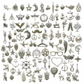 Detailed assortment of antique silver alloy charms including animals and diverse shapes - Set 1 (100pcs/pack) / Silver