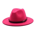 Close-up of rose red wool fedora hat featuring black faux leather belt and silver buckle - M (56-58cm) / Rose Red
