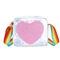 Holographic silver girls crossbody bag with pink glitter heart and rainbow strap - Silver