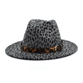 British style grey leopard print wool fedora hat with a buckled decorative belt - M (56-58cm) / Gray