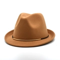 Detail of camel wool fedora with a black band and curved gold metal hardware - M(56-58cm) / Camel