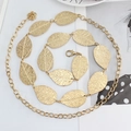 Adjustable golden metal leaf chain belt for dresses with a rose pendant detail - Gold Leaf Style (115cm)