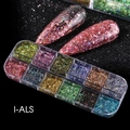 Detailed view of 12-grid nail art glitter flakes with pink decorative nail tip display - 12 Colors Crushed Foil Sequins Set (IALS)