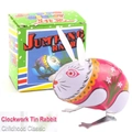 Retro wind-up jumping rabbit tin toy in pink with floral pattern and original box - Tin Rabbit