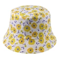 Close-up of small yellow daisy patterns and purple leaf prints on white bucket hat - 5.8cm / White Daisy Print Style (1)
