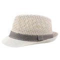 Kids breathable straw jazz fedora in light beige with striped ribbon trim - 58cm / Beige