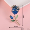 Blue rose enamel brooch with rhinestones and dimensions showing 63mm height and 31mm width - D507 Short Rose (Blue)