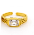 Adjustable gold plated ring with rectangular zircon and diagonal groove texture - US 6 / Rectangle Zirconia/White