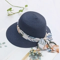 Navy blue straw sun hat with floral ribbon bow and wide brim for summer beach vacation - Adjustable / Navy Blue