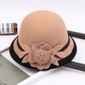 Detail of camel wool cloche hat with 3D flower embellishment and black edge trimming - M / Rose Flower with Hemming / Camel