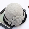 Women's vintage grey wool felt cloche hat with a large handmade floral accent - M / Rose Flower with Hemming / Gray