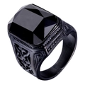Vintage men's black stainless steel ring with square gemstone and engraved patterns - US 8 / Black Stone