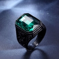 Vintage black stainless steel ring with emerald-cut green gemstone and engraved patterns - US 7 / Light Green Gemstone