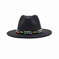 Black wool felt fedora hat featuring a colorful ethnic rainbow beaded ribbon band - M (56-58cm) / Black