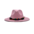 Pale pink wool fedora hat with a colorful ethnic style beaded band for women - M (56-58cm) / Pink