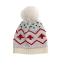 Kids cream knit Christmas hat with red tree jacquard and fluffy white faux fur pompom - 50-52CM / Christmas Tree / White