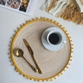 Beige woven placemat with yellow pom-poms featuring a coffee cup and golden cutlery - 38cm Placemat / Milk Coffee