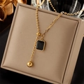 Gold titanium steel necklace with black square zircon and bead pendant in jewelry box - Black Square Pendant Double Layer Style (N1739)