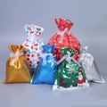 Metallic Christmas drawstring gift bags with Santa motifs and satin ribbon ties - Set of 30 in 6 Styles