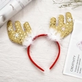 Christmas headband with gold sequin reindeer antlers and white feather trim decoration - Gold Antler Style 7