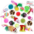 Lot de 20 jouets pour chat comprenant souris en peluche balles et plumes 107g - Ensemble N° 2