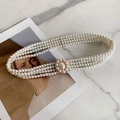 Elegant multi-layer pearl belt with a golden round buckle on marble background - Four-row Pearl Buckle / White