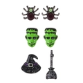 Halloween earring set featuring spider, Frankenstein, witch hat and broom designs - Halloween Funny Set