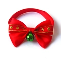 Detail of red Christmas pet bow tie with green bell and golden sequin trim edges - VN369 Red Shiny Edge with Bell