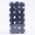 Detail of 36 black Christmas ornaments with matte, glossy, and glitter textures in a clear box - 36Pcs/4cm / Black