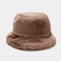 Close-up of thick faux rabbit fur fisherman hat showing soft plush texture and brown color - Khaki