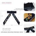 Blue velvet bow hair clip with colorful rhinestones and size details on white background - Dark Blue Velvet Bow / Blue