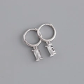 Detail of silver hoop earrings with rectangular clear zircon pendants on grey background - Rectangular White Rhinestone Earrings (S-E1534) / Silver