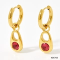 Gold round huggie earrings with irregular teardrop charms and red zircon stone - Gold With Red Zirconia (KDE763)
