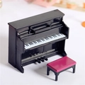 Miniature de piano droit noir avec un tabouret au coussin rouge pour maison de poupée - Noir