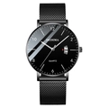 Slim men's quartz watch with black mesh strap and luminous date display dial - Black Mesh Strap Black Case Black Dial